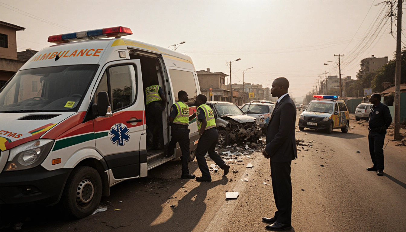 Ambulance parked by crash scene with doors open and responders rushing out, commissioner in Lagos.
