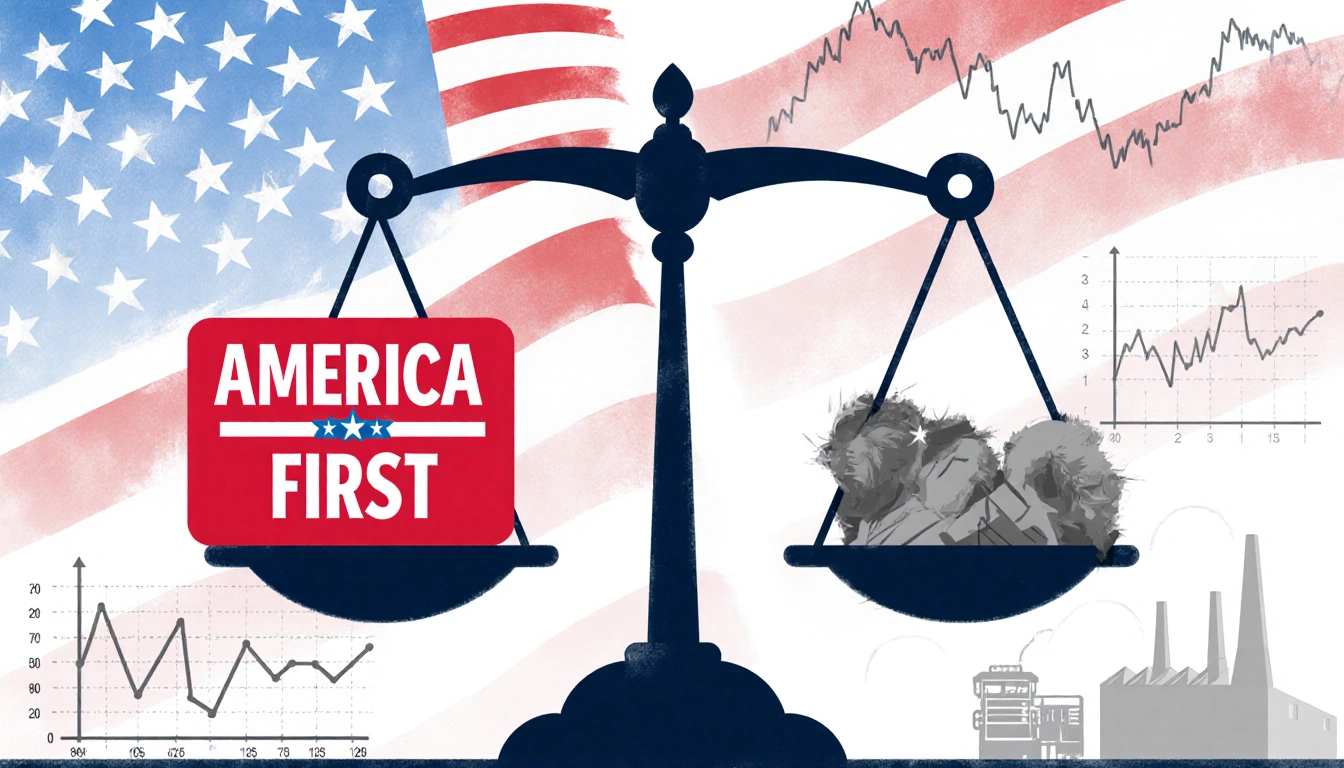 Balance scale tipping with a red flag on one side and a faded gray flag on other, with tariffs and inflation graphs backgroun