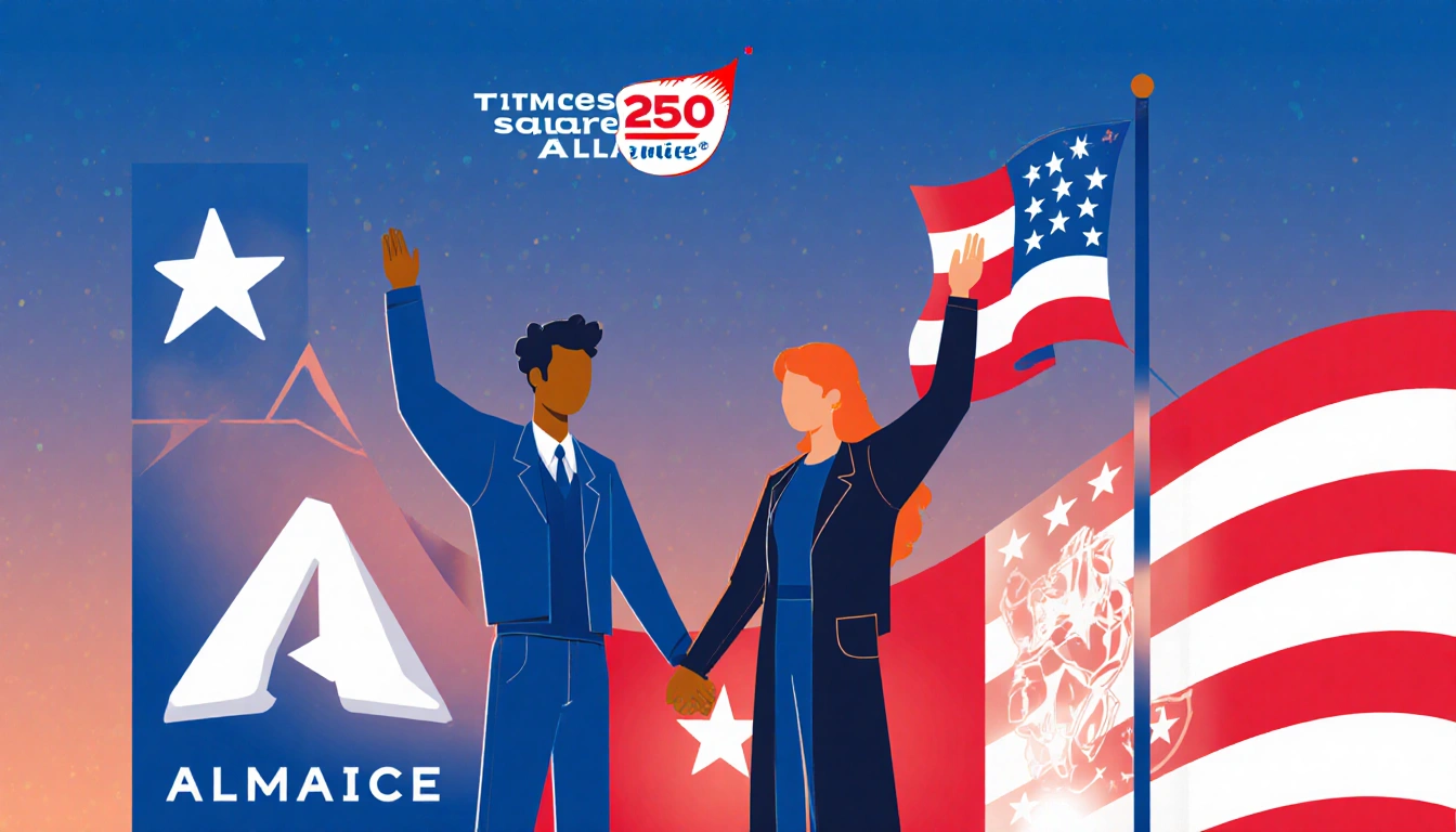 Two Americans holding hands with the Times Square Alliance logo and American flag waving behind them at dusk.