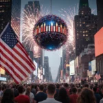 American flag waves above Times Square with glowing patriotic ball and fireworks in background