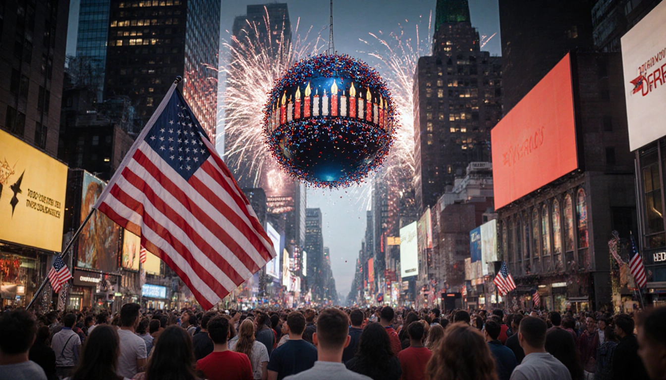 American flag waves above Times Square with glowing patriotic ball and fireworks in background