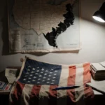 Flag lying on ground with political campaign pamphlets and newspaper clippings and a fluorescent light above Texas map.