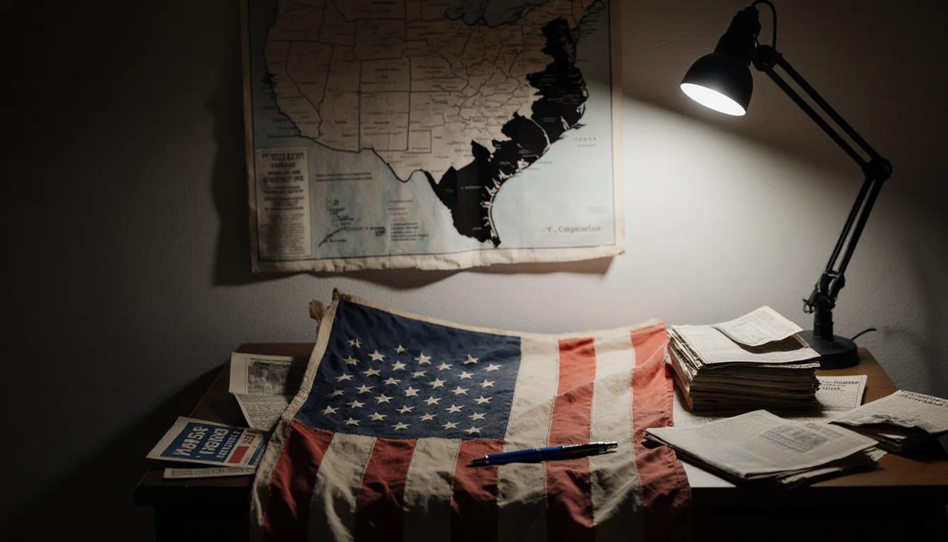Flag lying on ground with political campaign pamphlets and newspaper clippings and a fluorescent light above Texas map.