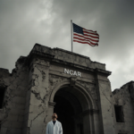 Scientist in lab coat looking up at a flag hanging from a crumbling stone façade with thick grey clouds overhead