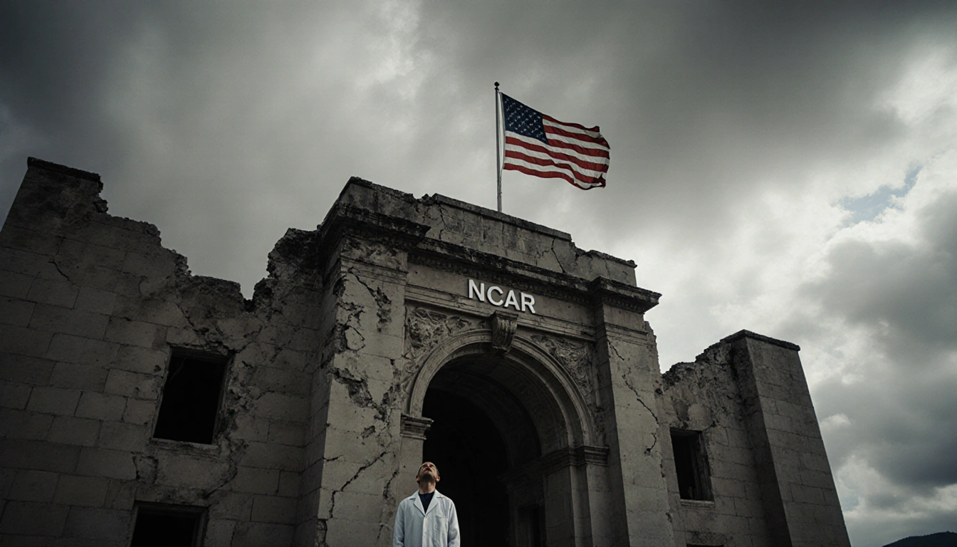Scientist in lab coat looking up at a flag hanging from a crumbling stone façade with thick grey clouds overhead