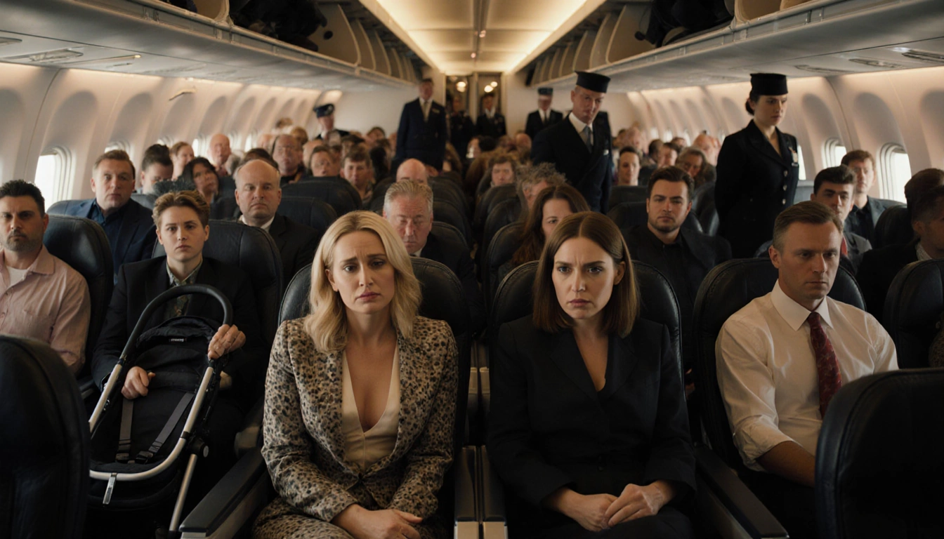Amy Poehler frowning across from stern Ana Gasteyer while a baby stroller is pushed away in a first class airplane cabin.