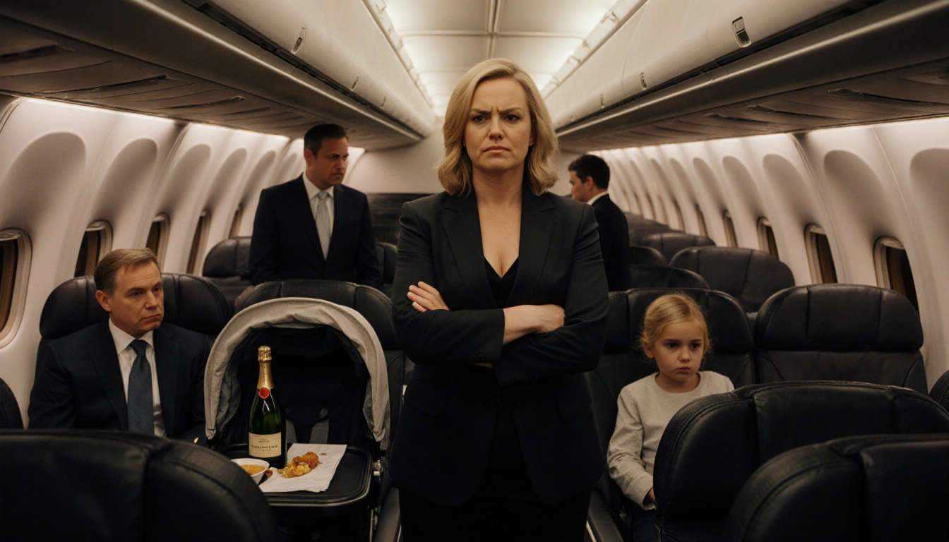 Amy Poehler stands in first-class cabin aisle with stern expression and champagne bottle beside a meal tray