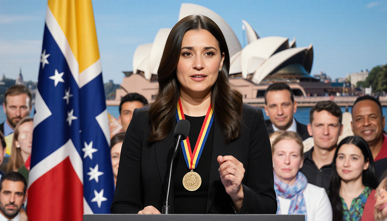 Ana Corina Sosa addressing crowd with microphone and Nobel Peace Prize medal near Norwegian flag.