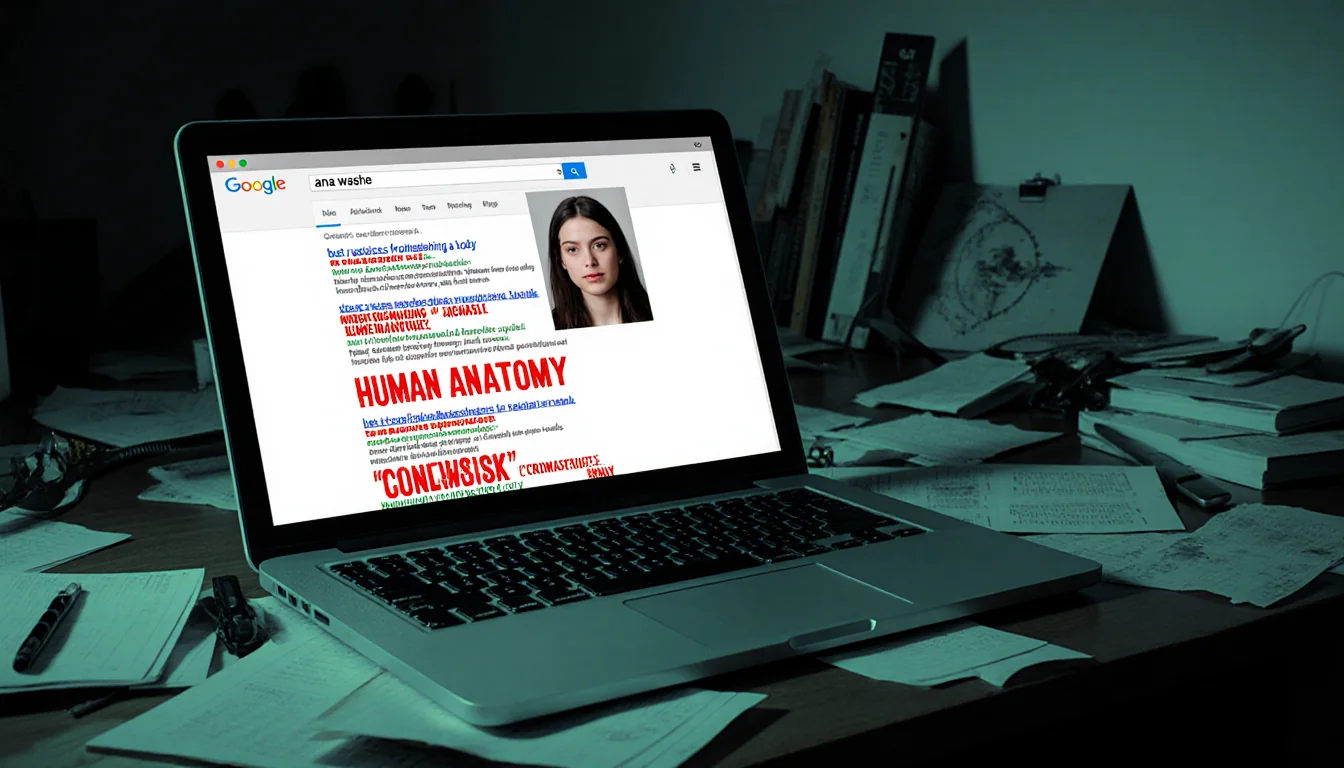 Open MacBook on desk shows red search tabs on dismembering and anatomy with a digital image of Ana’s face on the screen light