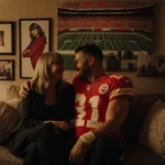 Andrea Swift sits on couch with framed Taylor photos and Travis Kelce laughing golden light highlighting their family bond.