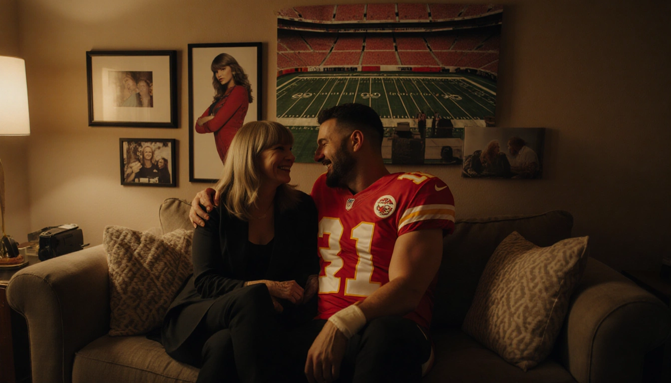 Andrea Swift sits on couch with framed Taylor photos and Travis Kelce laughing golden light highlighting their family bond.