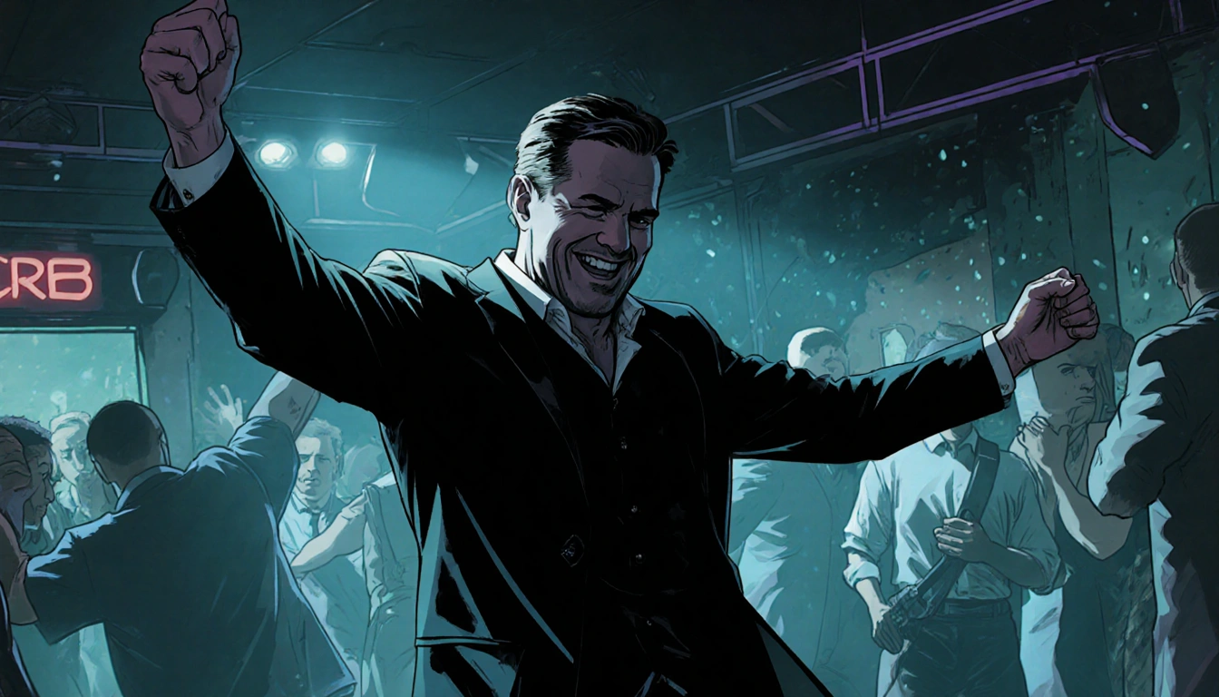 Andrew Cooper dancing with arms extended and hands clasped with a faint smile and burglar gear nearby in a dimly lit nightclu