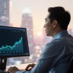 Andrew Ng sits at desk with computer screen showing AI growth graph and warm glow against futuristic cityscape