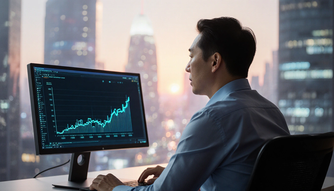 Andrew Ng sits at desk with computer screen showing AI growth graph and warm glow against futuristic cityscape