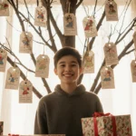 Young person smiles proudly with Angel Tree tag rack and gift‑wrapped presents and golden light illuminating gratitude.
