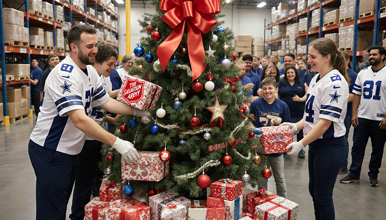 Angel Tree receives wrapped gifts with volunteers and smiling children watching