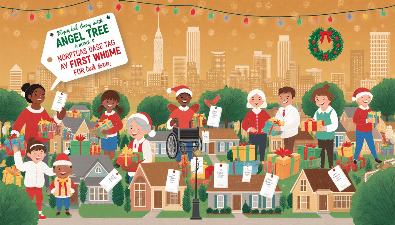 Child holding brightly lit Angel Tree tag with gifts and grateful smiles amid warm festive lights in community neighborhood.