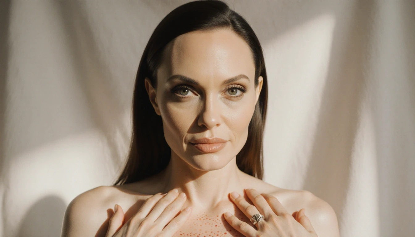 Angelina Jolie looks at camera with her hands on chest showing mastectomy scars and soft warm light highlighting empowerment