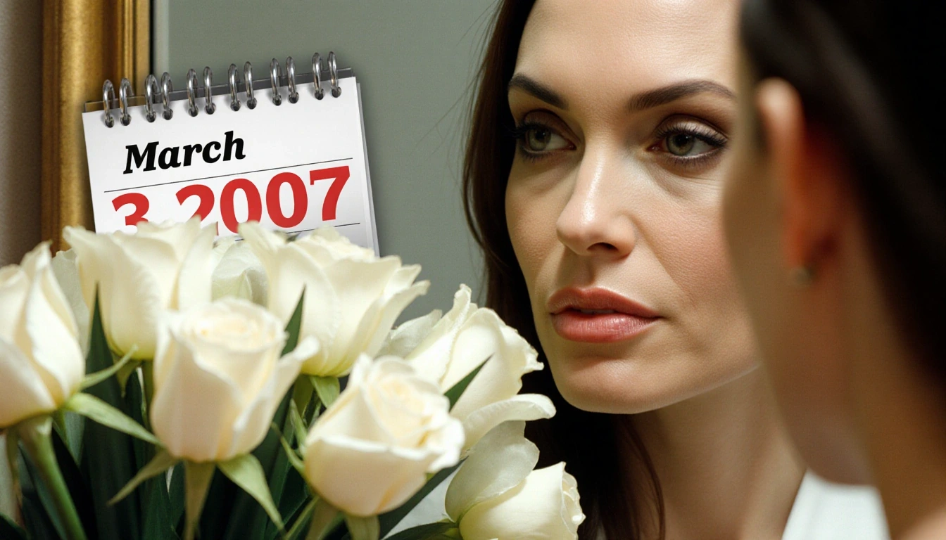 Angelina Jolie reflecting in mirror with calendar overlay March 3 2007 and bouquet of white roses and daffodils behind.