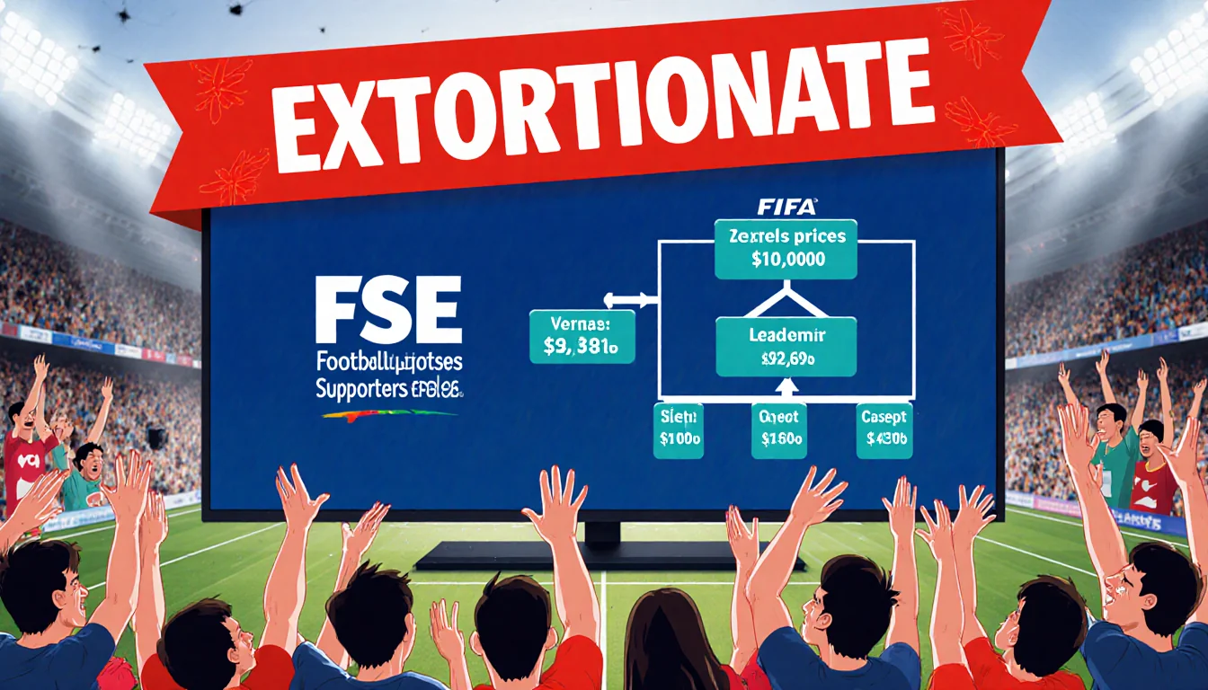 Angry football fans surrounding a TV screen with FIFA dynamic pricing and a neon banner reading EXTORTIONATE showing outrage.