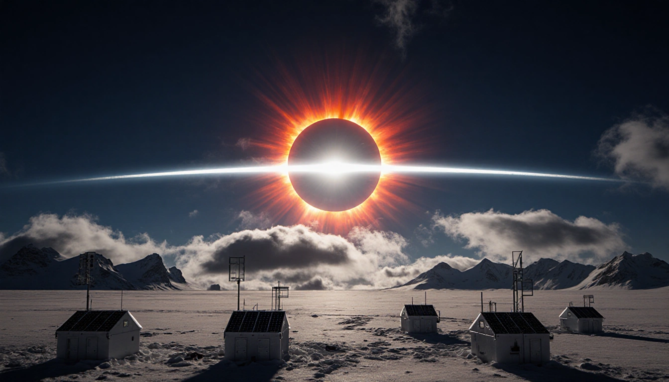 Solar eclipse over Antarctica shows bright orange-red corona with research stations and solar panels near the horizon