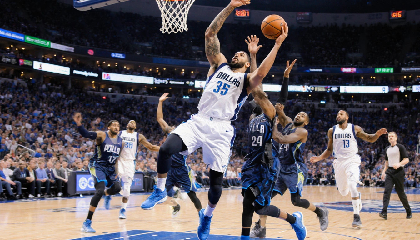 Anthony Davis blocks a shot with the Dallas Mavericks team celebrating nearby on the court