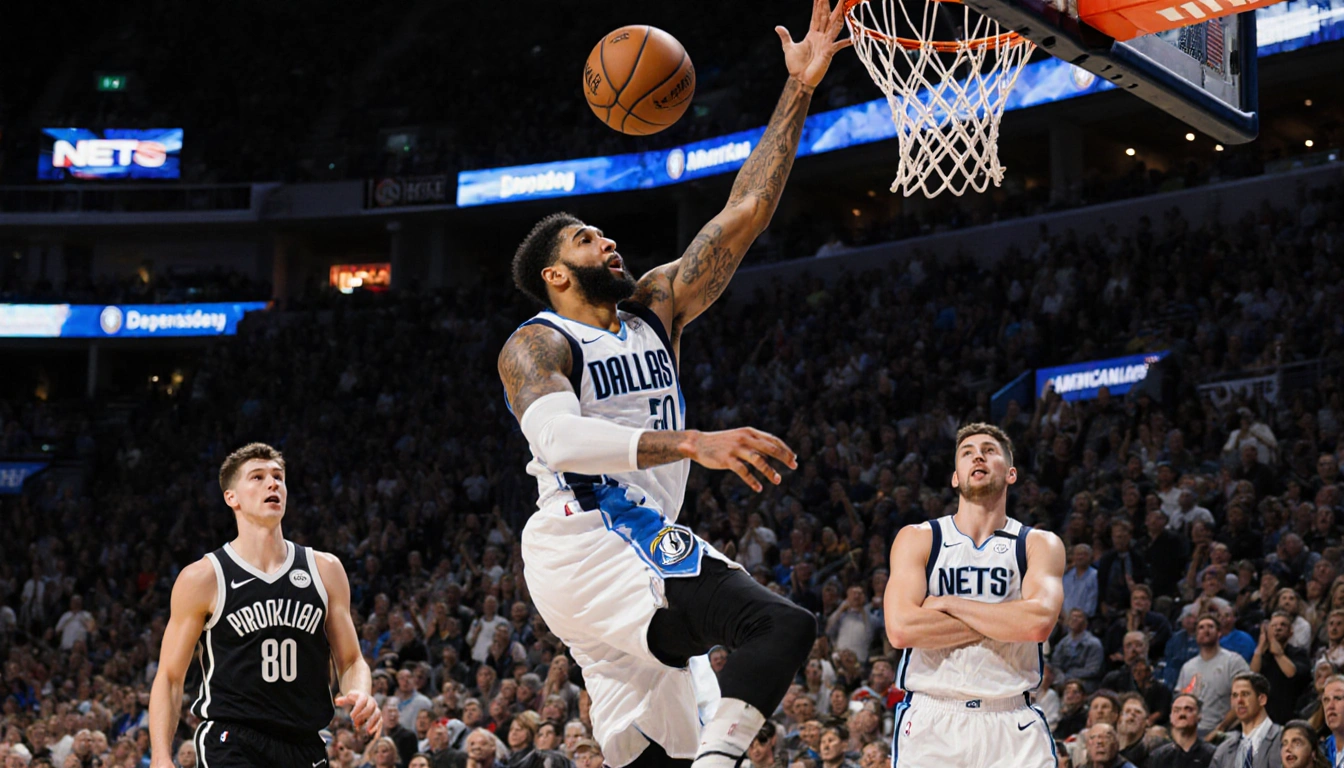 Anthony Davis drives toward the hoop with Dallas Mavericks jersey sponsor and teammate Luka Doncic watching behind.