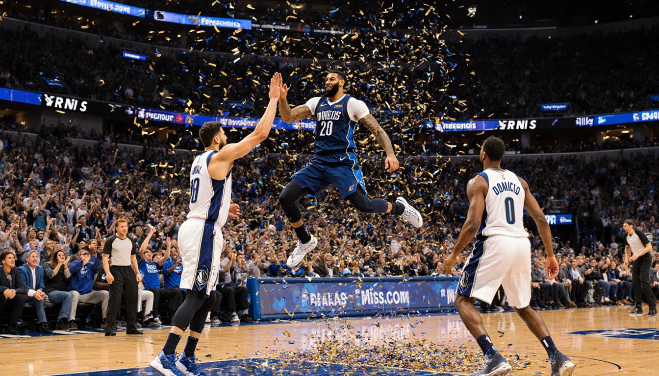 Anthony Davis leaping to high‑five a teammate with confetti swirling around and a cheering bench in the background