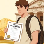 Anthony Geary holding scholarship certificate with University of Utah building and Utah landscape behind him in golden light.