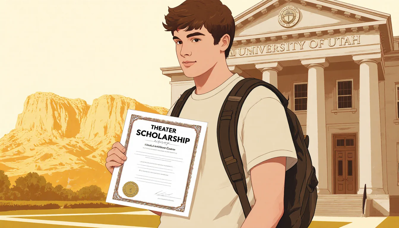 Anthony Geary holding scholarship certificate with University of Utah building and Utah landscape behind him in golden light.