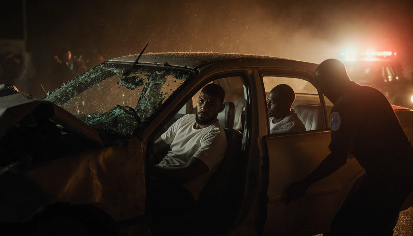 Paramedics rushing Anthony Joshua out of a twisted car wreck with shattered glass and flashing police lights.