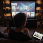 Person sits on couch looking at iPad with Apple TV app in cozy dimly lit home theater and warm LED lights.