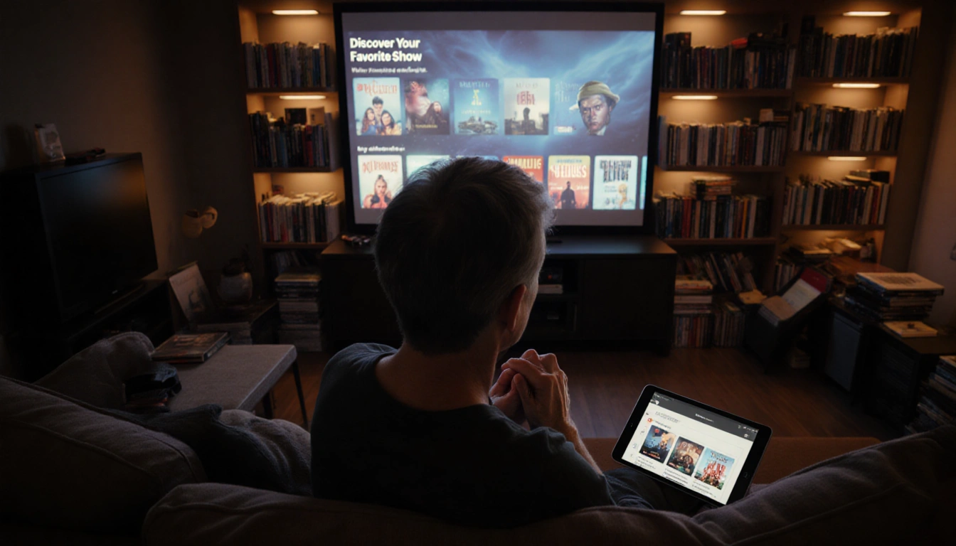 Person sits on couch looking at iPad with Apple TV app in cozy dimly lit home theater and warm LED lights.