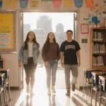 Arlington High School students walking into classroom with new bookshelves and colorful posters.
