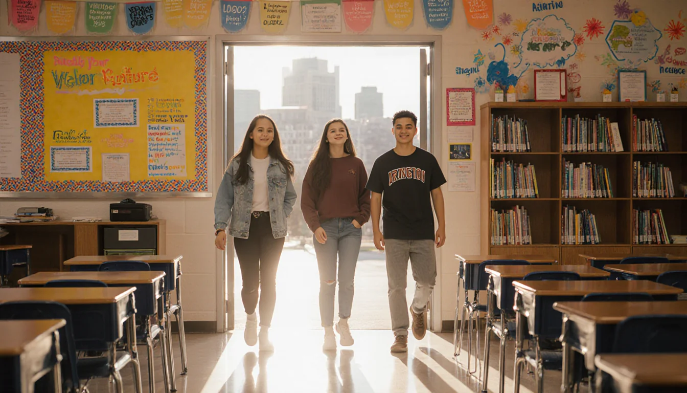 Arlington High School students walking into classroom with new bookshelves and colorful posters.