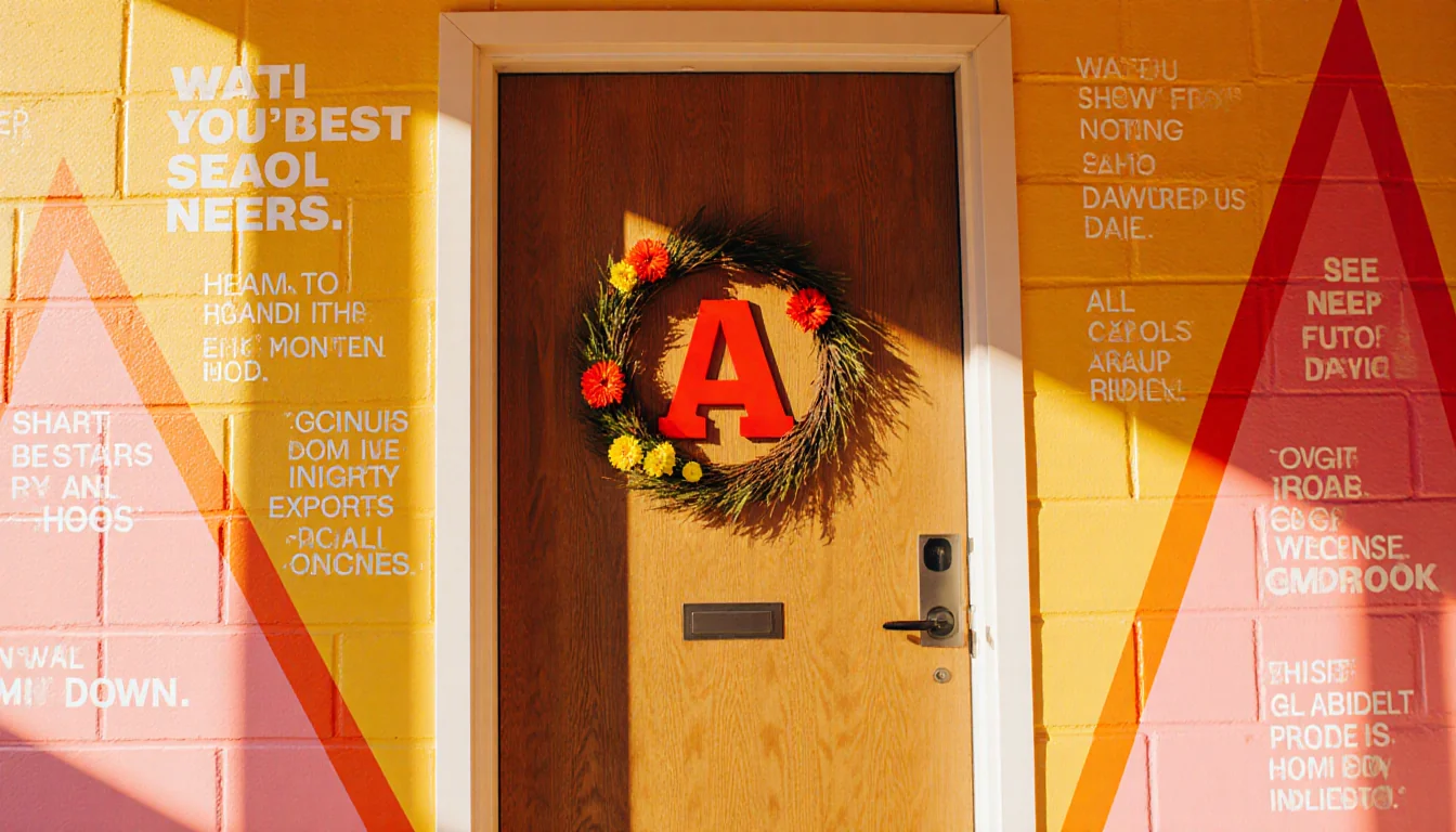 Wooden school door with a red A letterplate and bright flower wreath under warm sunlight symbolizing Arlington ISD progress