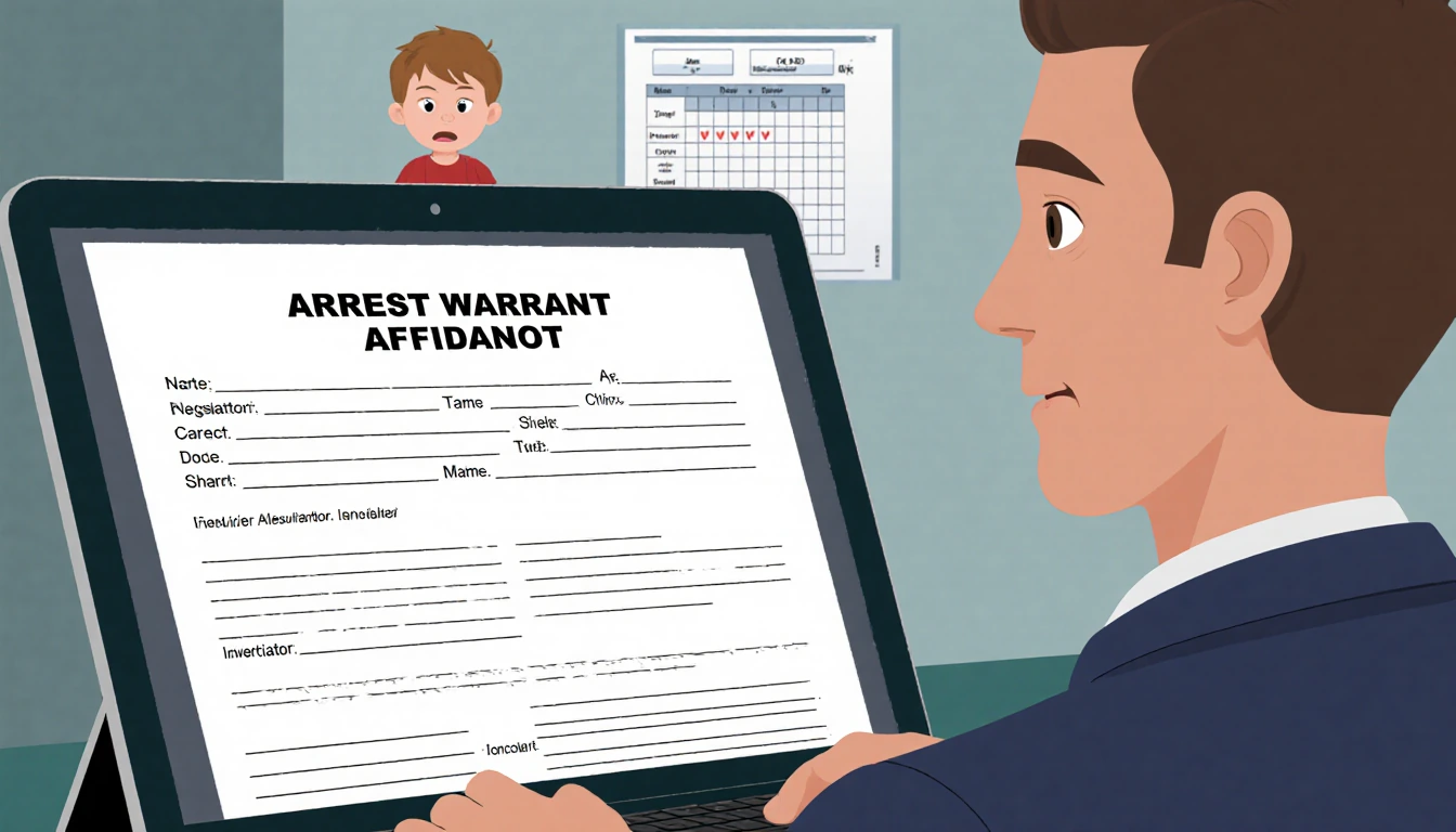 Caretaker Alexander presents an arrest warrant affidavit on a tablet with a hospital chart behind and investigator observing.