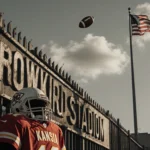 Football helmet lying abandoned with faded Arrowhead Stadium sign hanging and a torn Kansas Chiefs jersey nearby