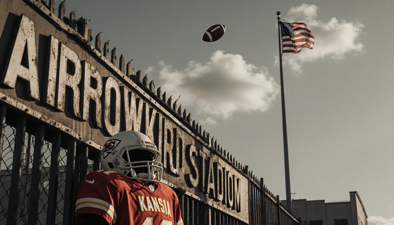 Football helmet lying abandoned with faded Arrowhead Stadium sign hanging and a torn Kansas Chiefs jersey nearby