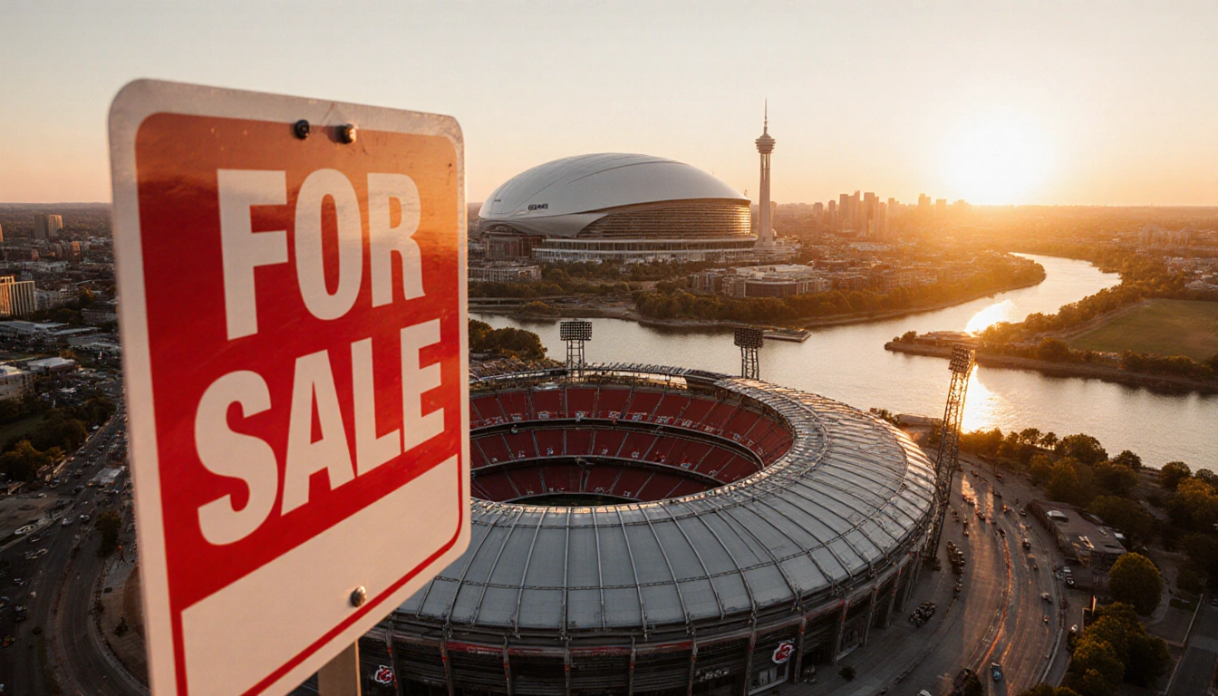 For Sale sign stands over Arrowhead Stadium with a new domed arena rising behind Kansas City skyline at sunset.