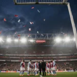 Aston Villa players gather around their coach with nighttime Emirates Stadium lights and cheering fans