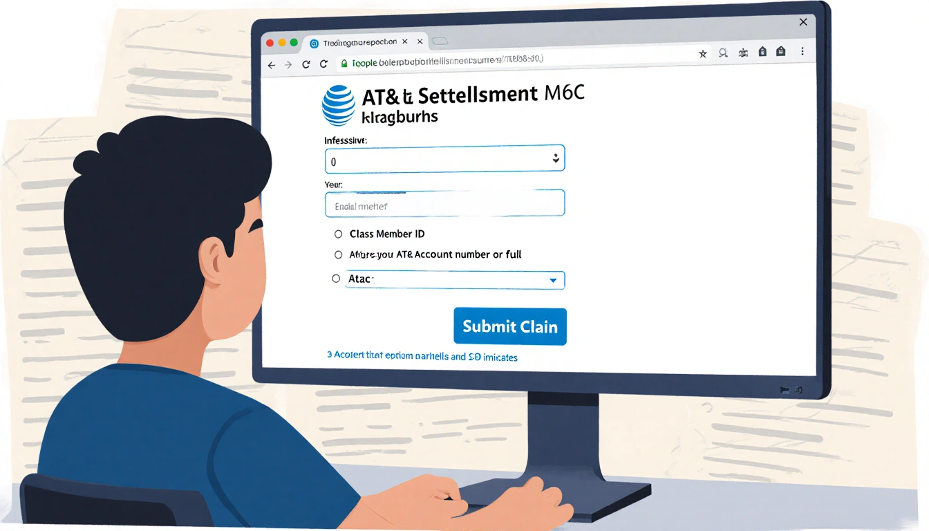 Person typing claim details into settlement website form with Submit Claim button and paperwork texture background.