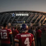 Fans cheering with Cowboys logo glowing above AT&T Stadium entrance and warm sunset light