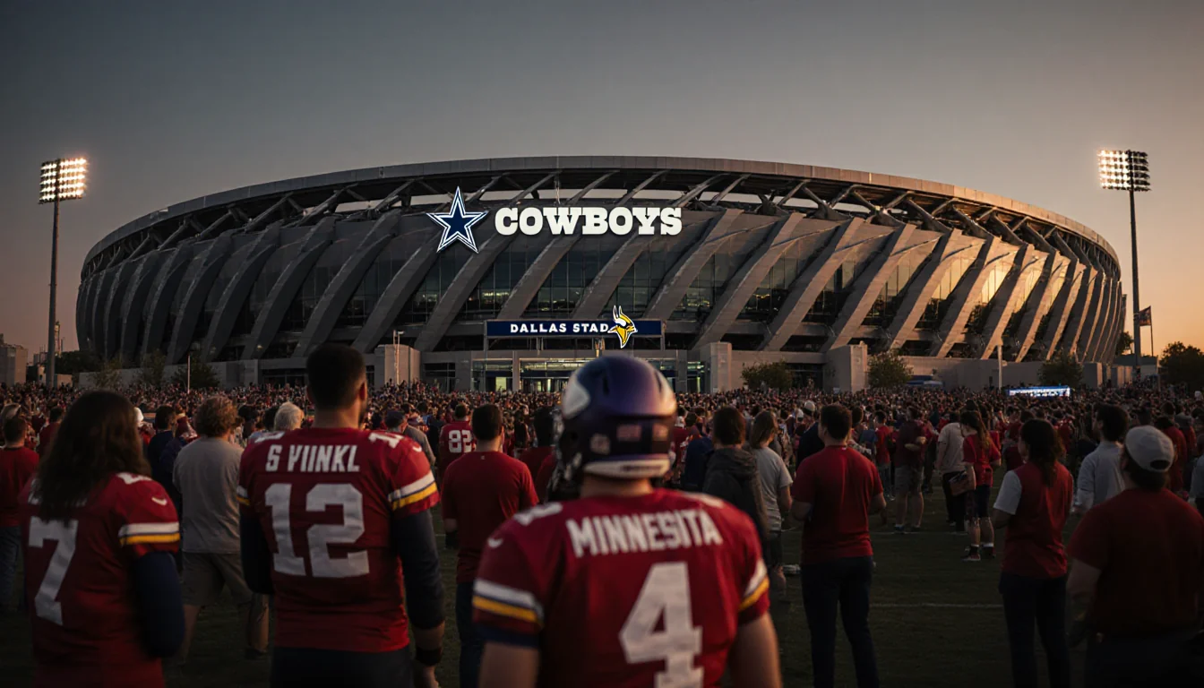 Fans cheering with Cowboys logo glowing above AT&T Stadium entrance and warm sunset light