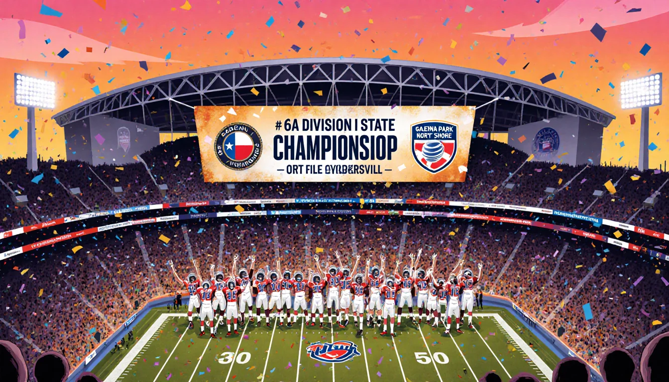 Duncanville football players celebrating championship with confetti and cheers under sunset glow at AT&T Stadium.