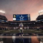 Vikings player looks up at huge video board with Cowboys fans in navy and silver and stadium lights reflecting off pavement