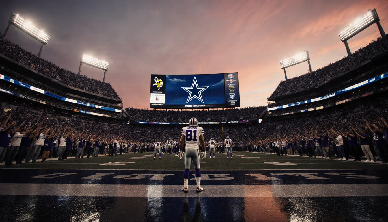 Vikings player looks up at huge video board with Cowboys fans in navy and silver and stadium lights reflecting off pavement