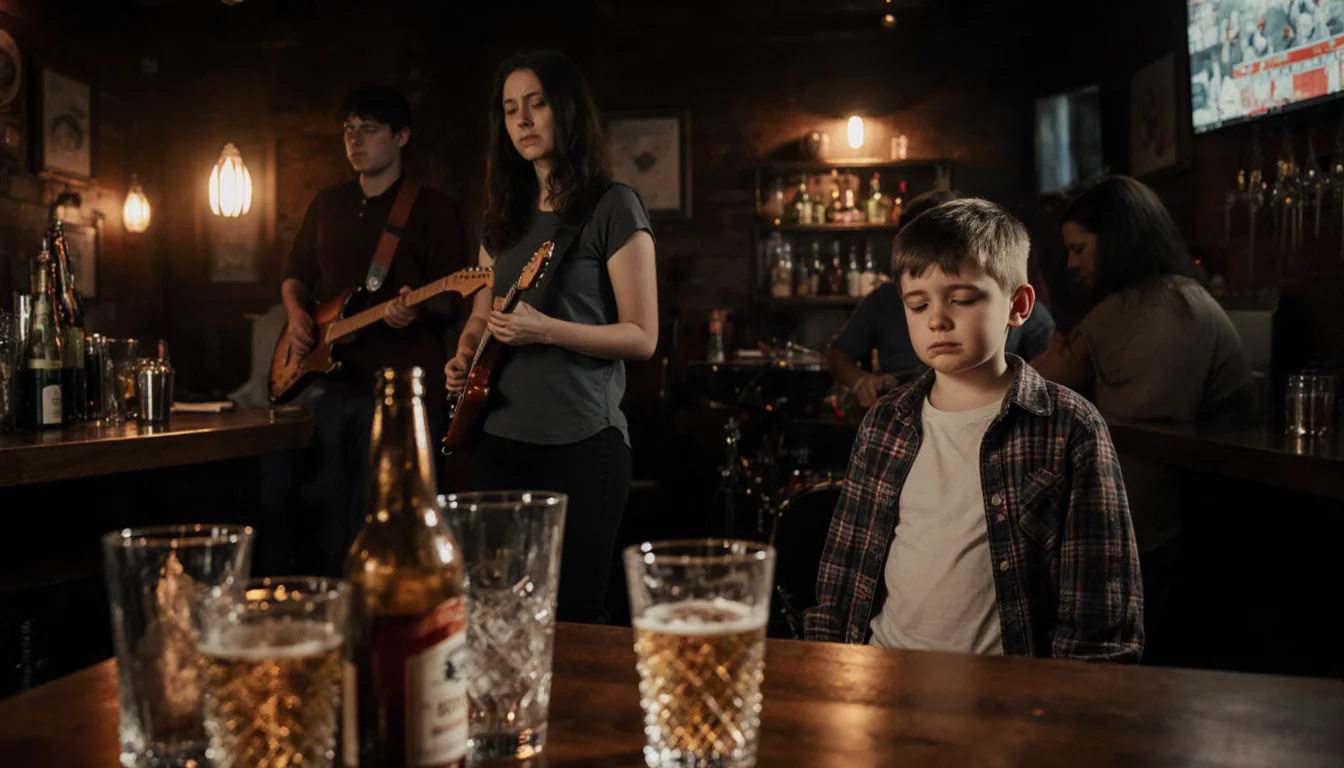 Autistic boy standing alone in dim bar with mother looking concerned empty glasses scattered on table and music playing