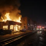 Flames engulfing auto body shop with smoke billowing and cars on fire in dark alley.
