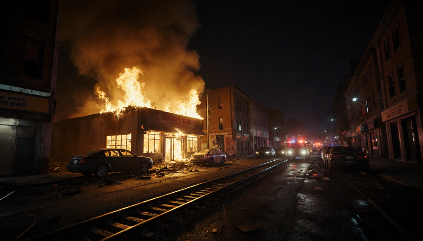 Flames engulfing auto body shop with smoke billowing and cars on fire in dark alley.